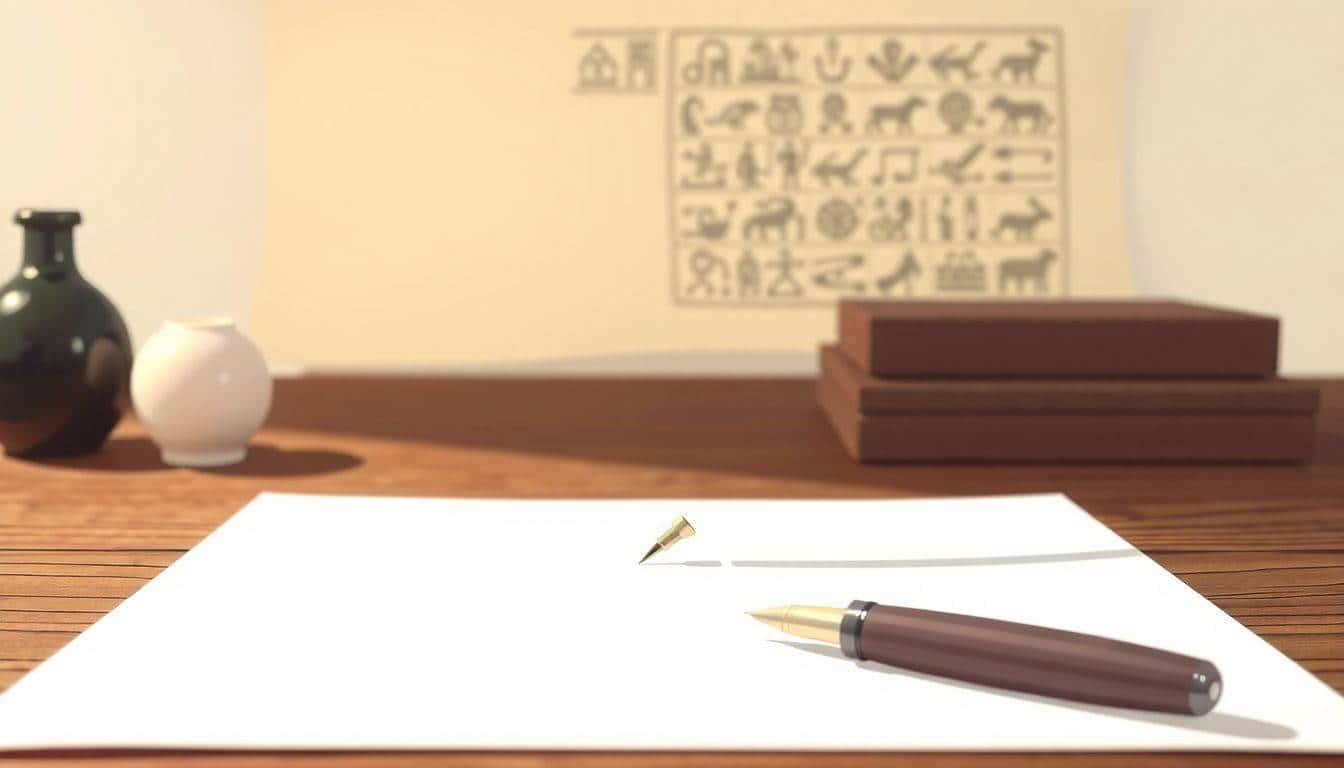 Minimalist workspace with a blank page on a wooden desk, a sleek fountain pen above it, warm lighting, and blurred ancient hieroglyphics on parchment in the background.
