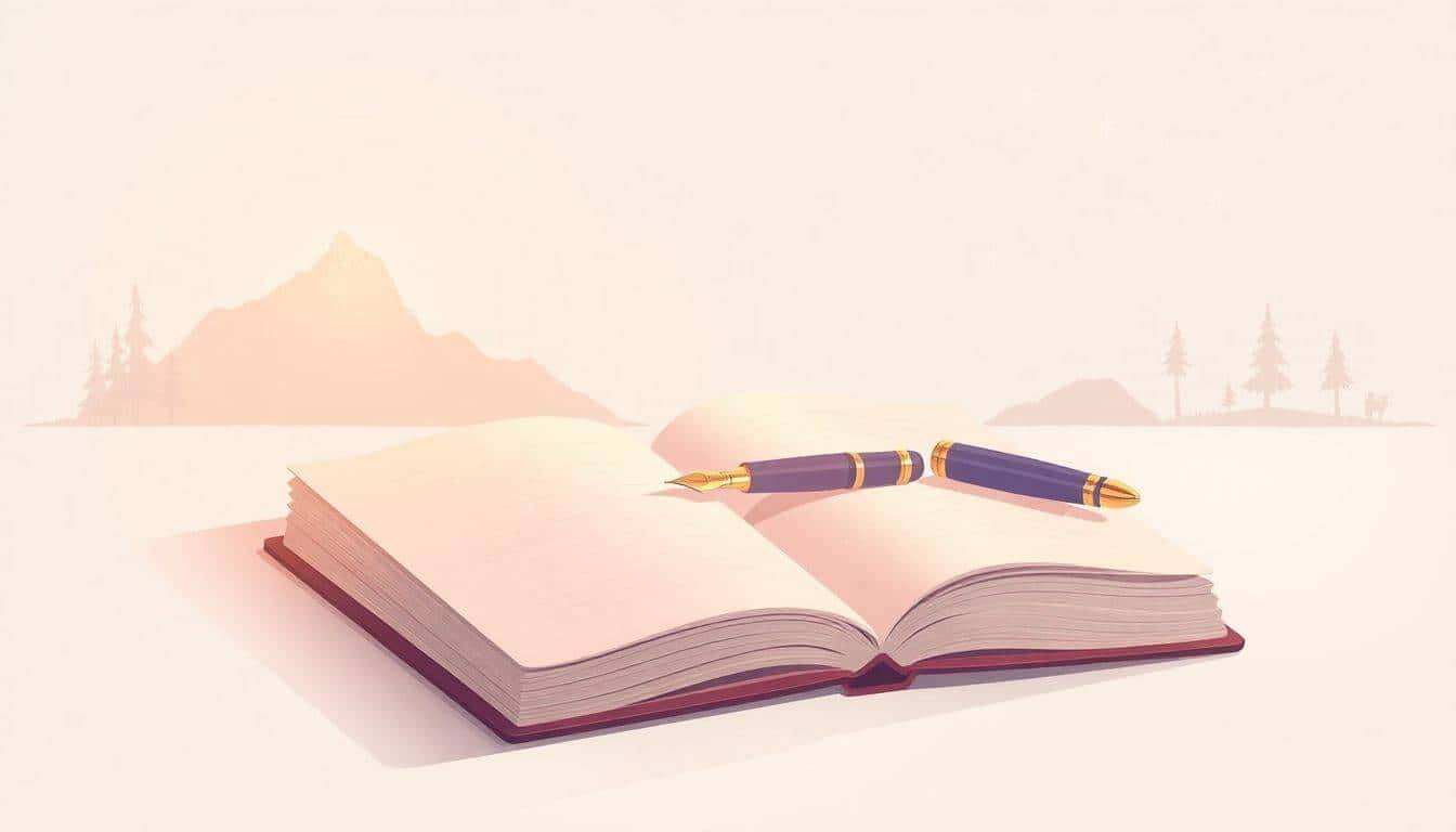 Open notebook with a fountain pen resting on its pages, surrounded by soft light and faint illustrations of a mountain, river, and stars in the background.