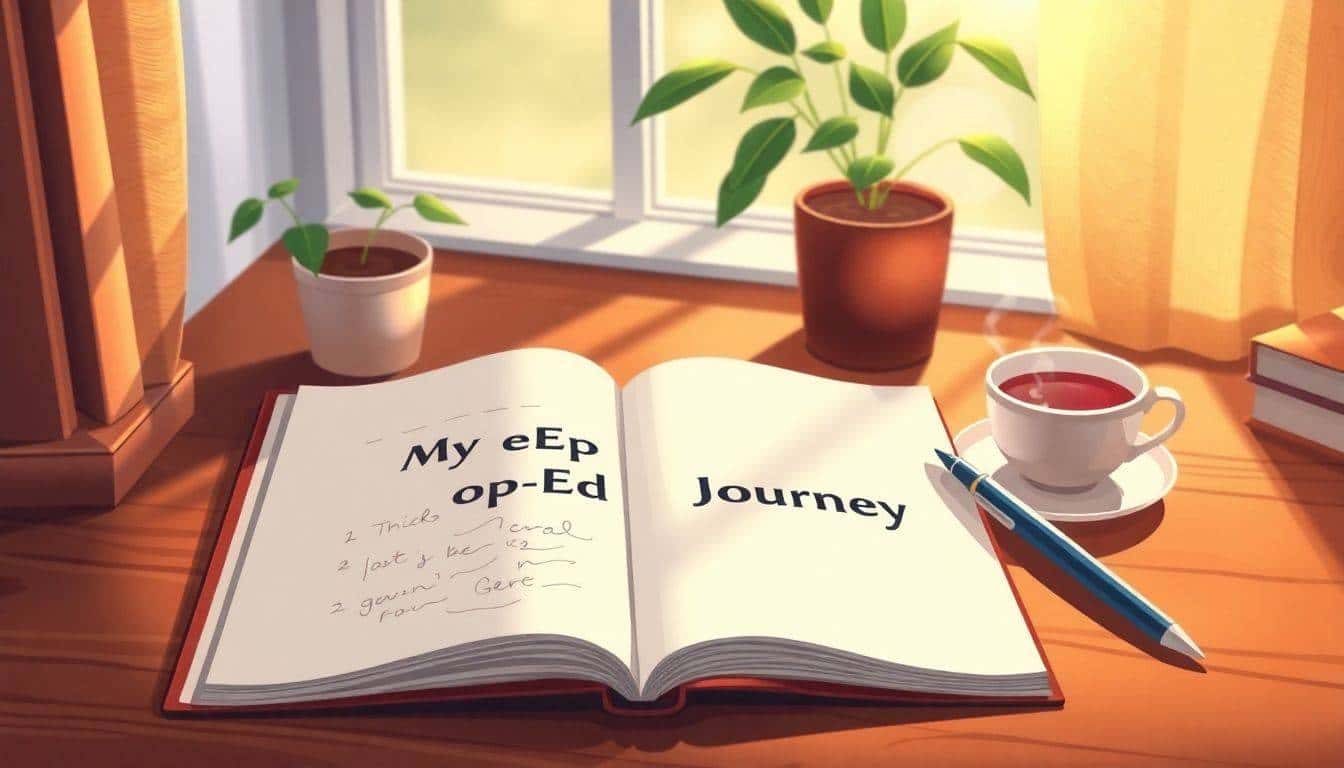 Illustration of an open notebook with faint sketches and the title "My Op-Ed Journey" on a wooden desk, accompanied by a quill pen, a potted plant, and a steaming cup of tea, with warm light filtering through a window.