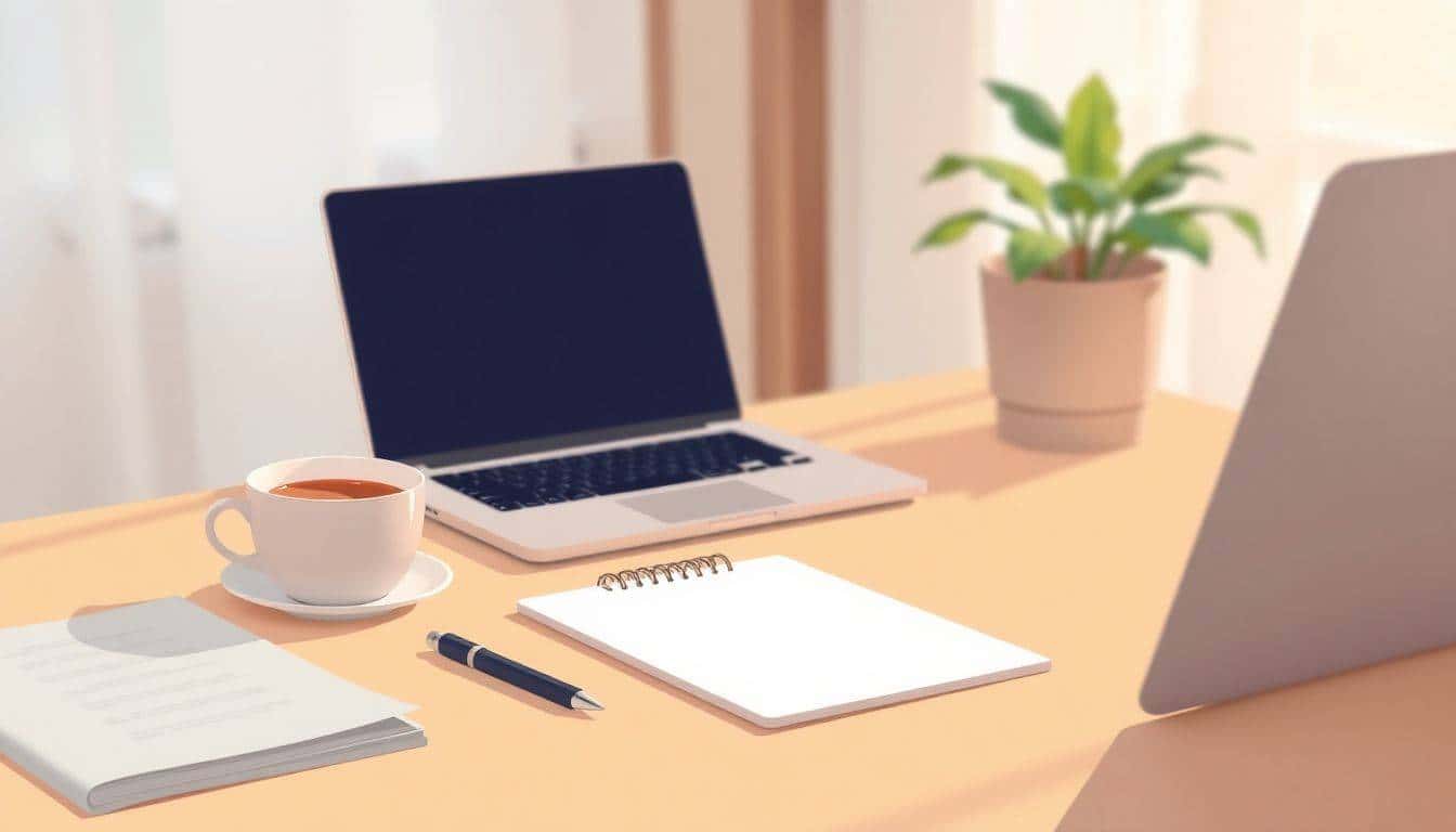 Serene work desk with a clean notepad, sleek pen, glowing laptop, warm cup of coffee, and a minimalist plant, all softly illuminated by natural light in a blurred background.