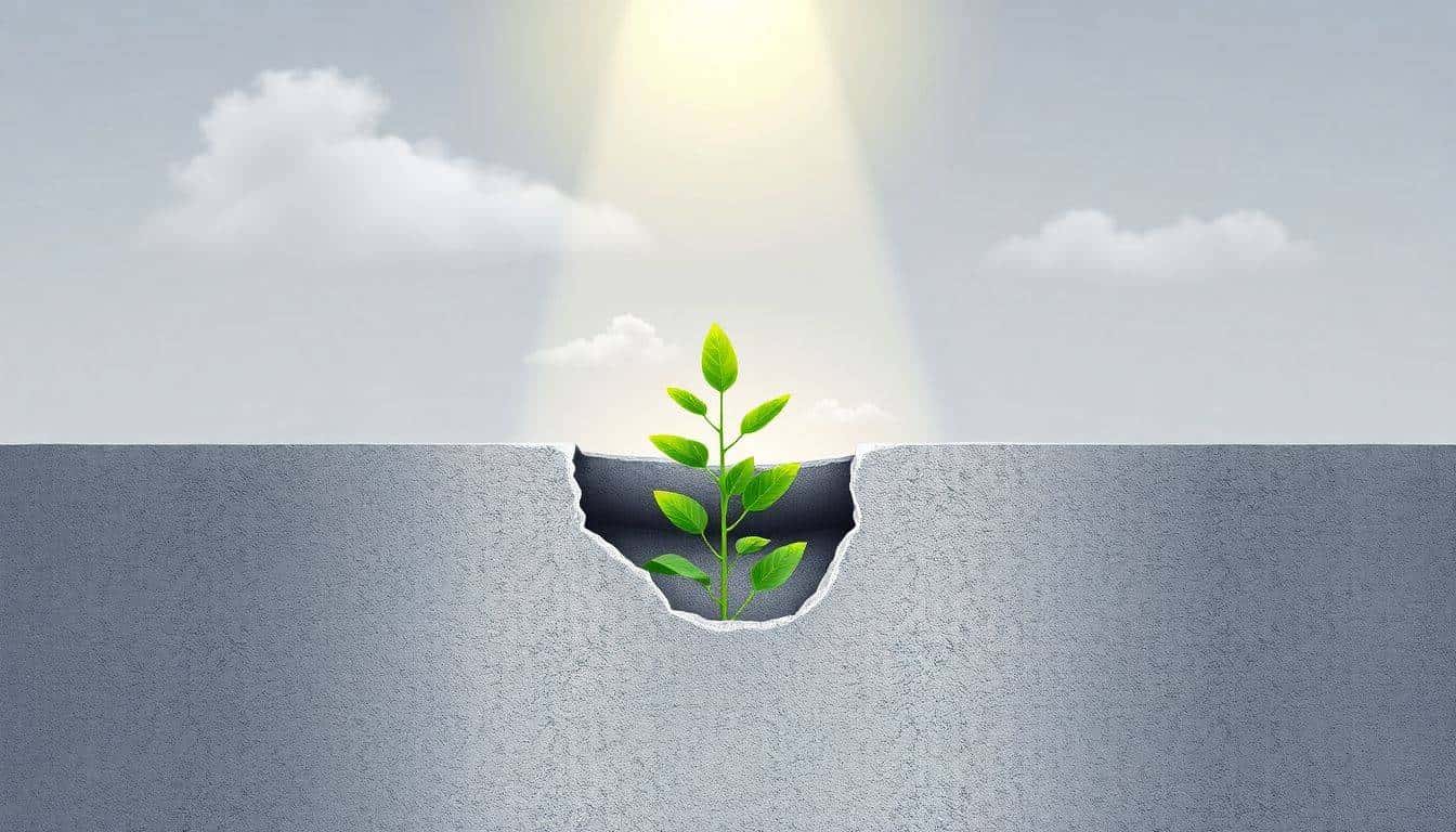 A small, green plant growing through a crack in concrete, illuminated by soft sunlight breaking through clouds, symbolizing resilience and growth amidst hardship.