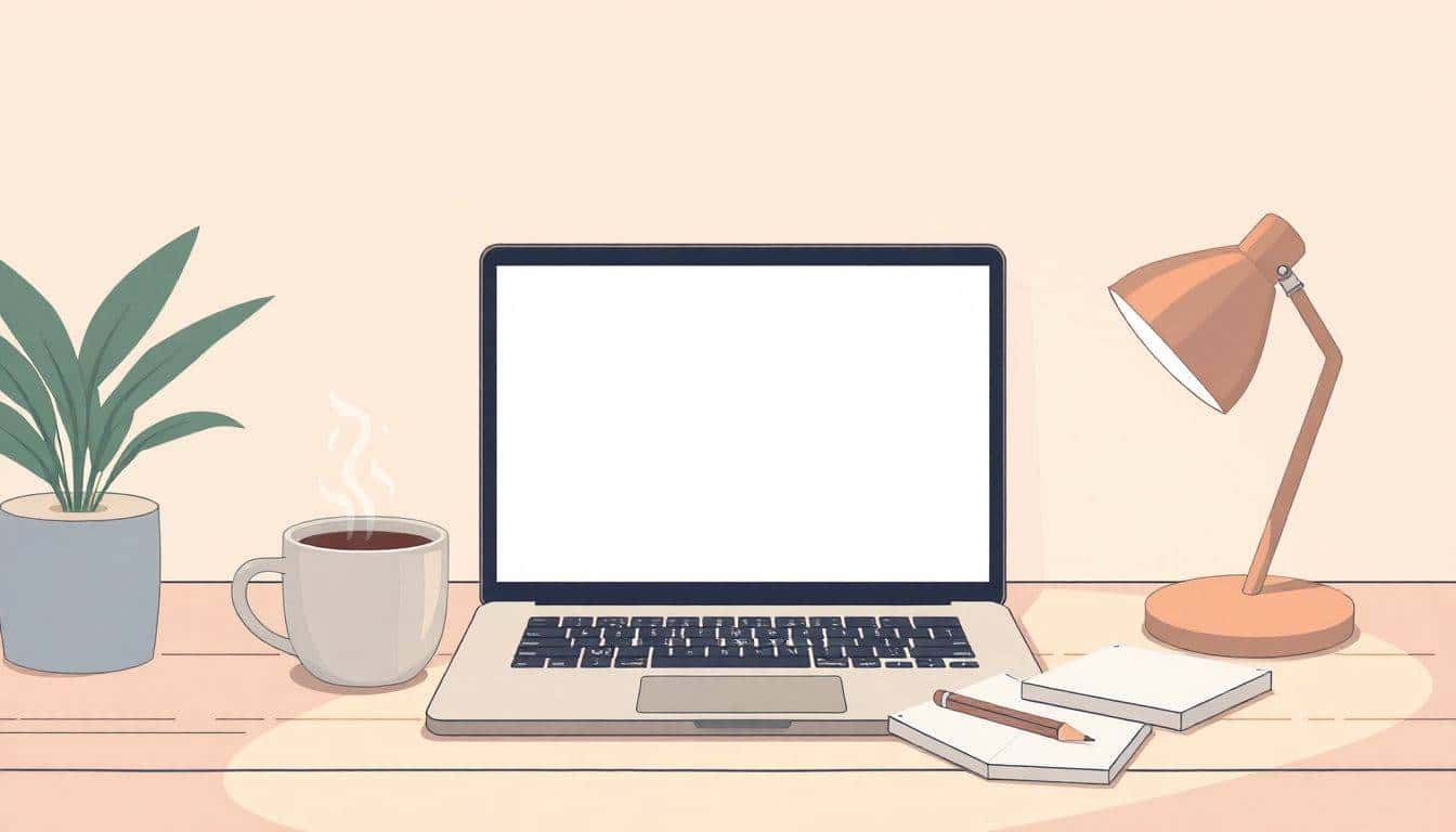 Minimalist workspace with an open laptop, steaming cup of coffee, and notepad with a pencil, all in soft lighting.