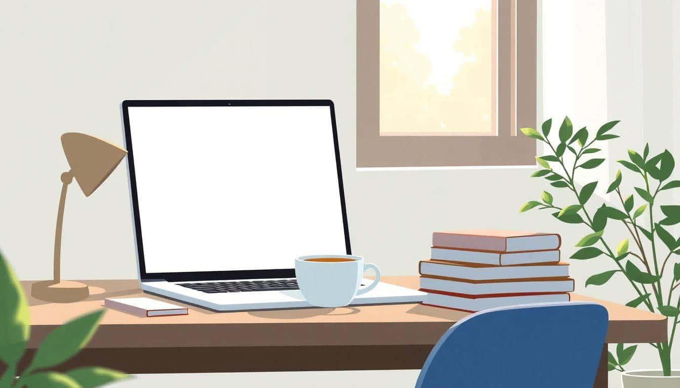 Minimalist serene study space with a cozy desk, open laptop on a blank document, neatly stacked books, steaming cup of tea, soft natural light filtering through a window, and a gentle plant in the corner.
