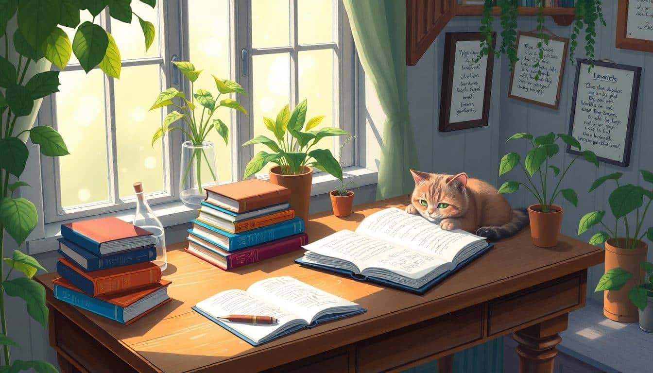Cozy writing nook with a vintage wooden desk, open notebook, quill pen, a lounging cat, colorful poetry books, lush green plants, and framed limericks, illuminated by soft sunlight.