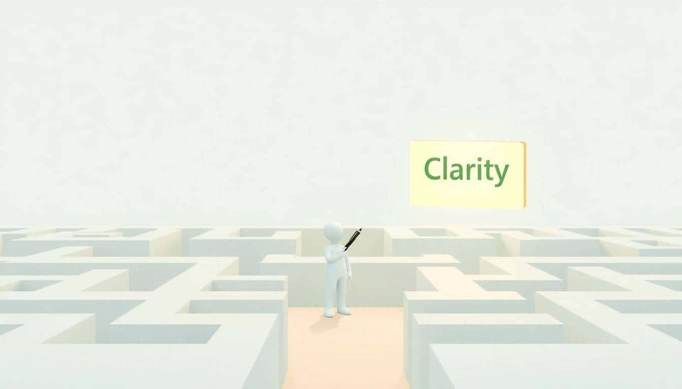 An open, simplified maze with a clear path leading to an illuminated sign reading "Clarity," in a soothing background of light blues and greens; a gentle figure stands confidently at the entrance, holding a pen, symbolizing the transition from confusion to clarity in writing disclaimers.
