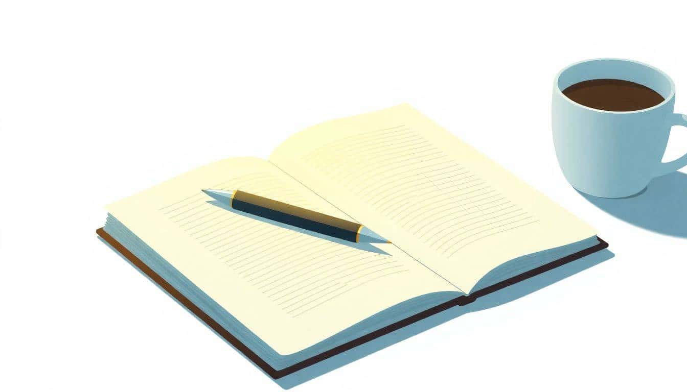 A minimalistic illustration of an elegantly designed pen on an open notebook with neatly organized handwritten notes, softly illuminated by light, with blurred outlines of a desk and coffee cup in the background, featuring a soothing color palette of soft blues and greens.