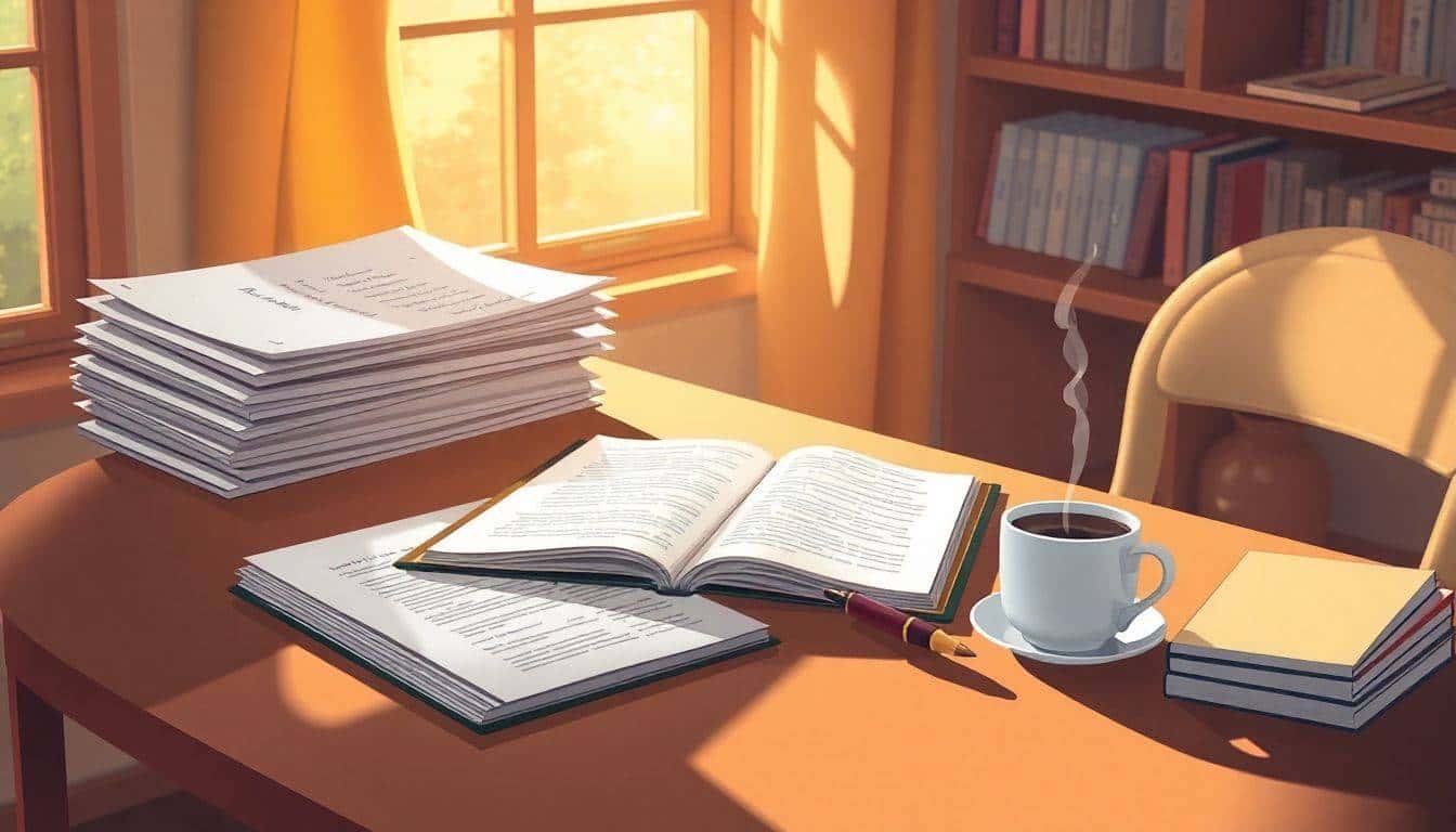 A serene writer's desk with a stack of research papers, an open notebook with notes, a vintage fountain pen, and a steaming cup of coffee, illuminated by soft sunlight streaming through a window.