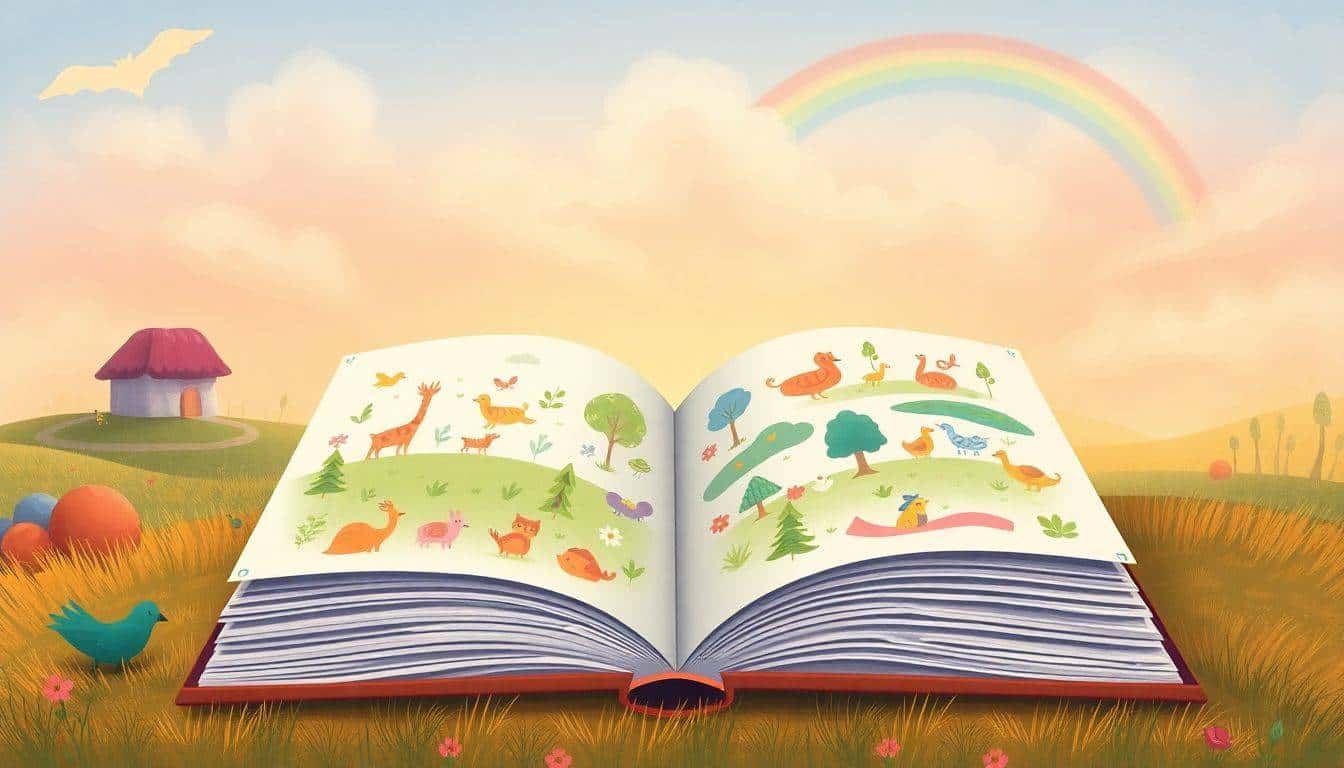 A large open book with colorful pages filled with playful animal illustrations, set against a dreamy landscape featuring soft clouds and a rainbow, creating a warm and inviting atmosphere for young writers.