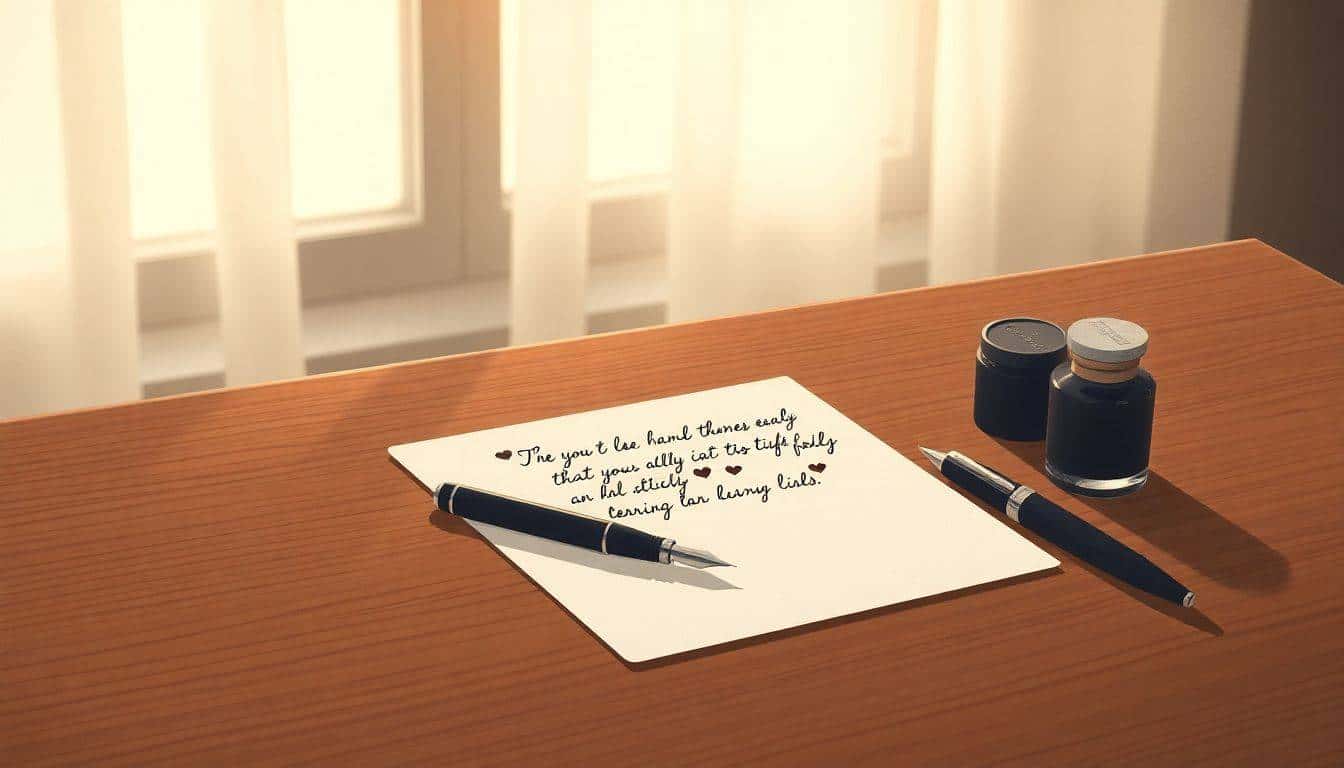 A minimalist illustration of an elegant desk with a handwritten note on textured stationery, a fountain pen, and an ink bottle, illuminated by soft, warm light from a window.