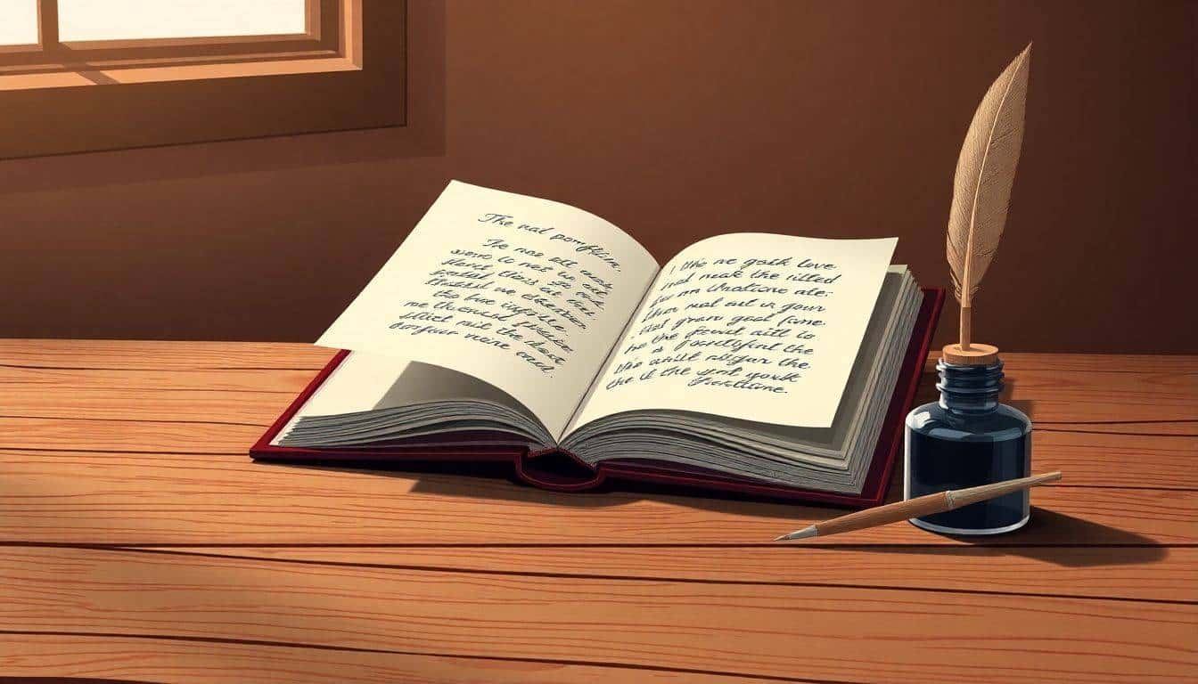 An open writing portfolio on a wooden desk, featuring soft pages with sketches of written text and a quill in an ink bottle, set against a minimalist background with warm, soft lighting.