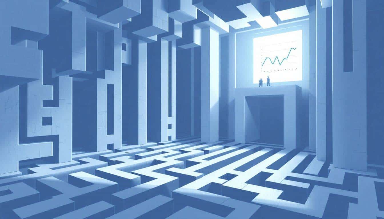 Minimalist illustration of an abstract maze representing data complexity, with a bright illuminated exit symbolizing stunning visualizations, featuring subtle elements of Excel and R ggplot2 tools.