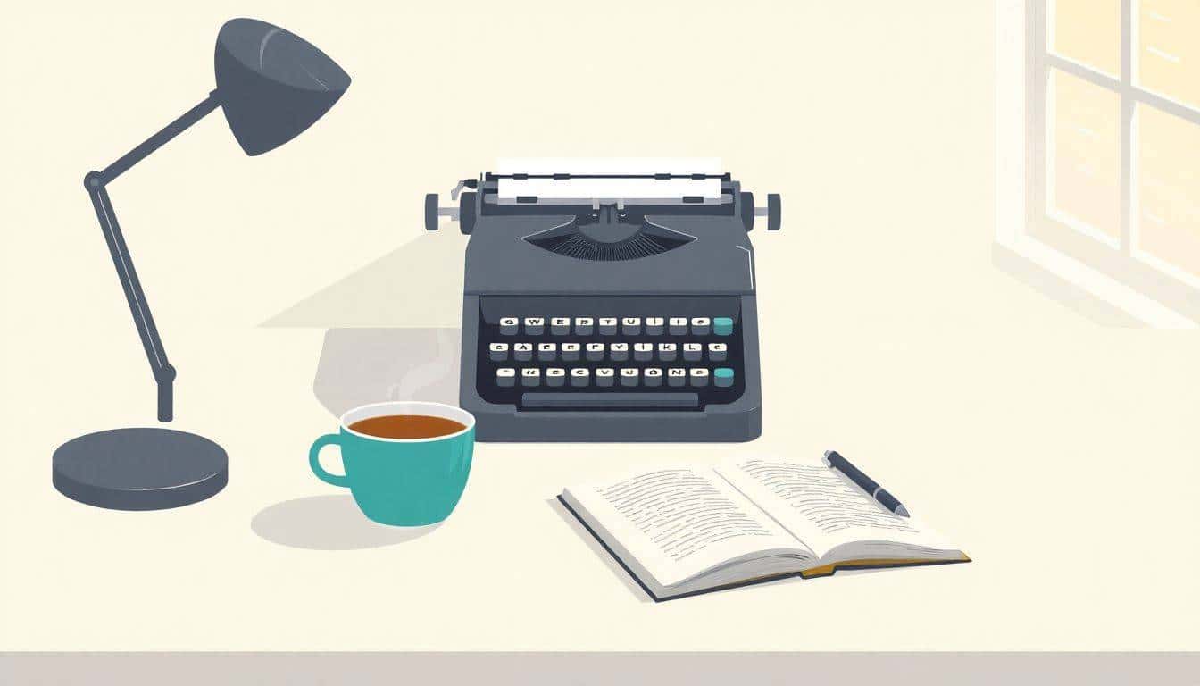 A minimalist workspace with a vintage typewriter on a simple desk, a steaming cup of coffee, and an open notebook with a pen, all set against a calming neutral background with light streaming in from a window.