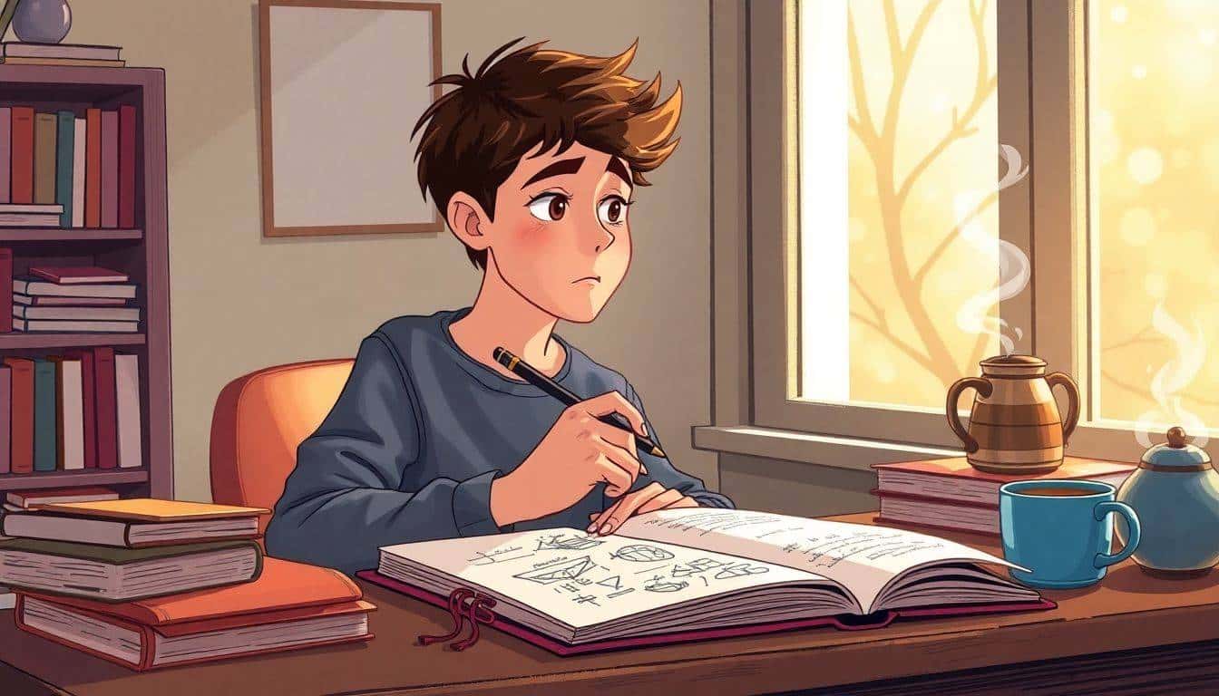 Young adult writer at a cozy desk, holding a pen and gazing out a window, surrounded by an open notebook with sketches and ideas, scattered books, and a steaming cup of tea. Soft, warm lighting creates an inviting atmosphere.