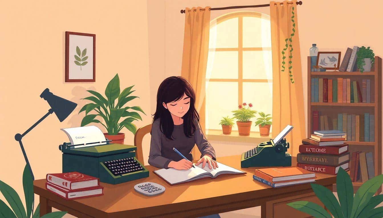 Writer at a cozy desk with an open notebook and vintage typewriter, surrounded by a fantasy novel, mystery book, and romance novel, in a warmly lit room with soft curtains and potted plants.