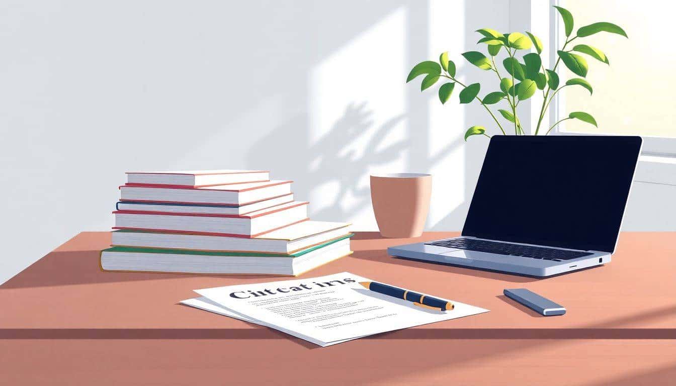 Serene study desk with an organized stack of books, a sleek laptop, aligned citation papers, a stylish pen, soft natural lighting from a window, and a potted plant in the background.