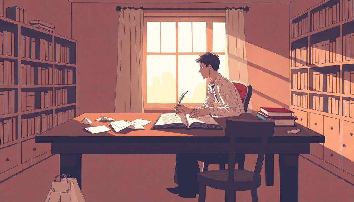 A thoughtful writer at a wooden desk, holding a quill, gazing out a window with sunlight streaming in, surrounded by crumpled papers and an open notebook, with faint bookshelves in the background.