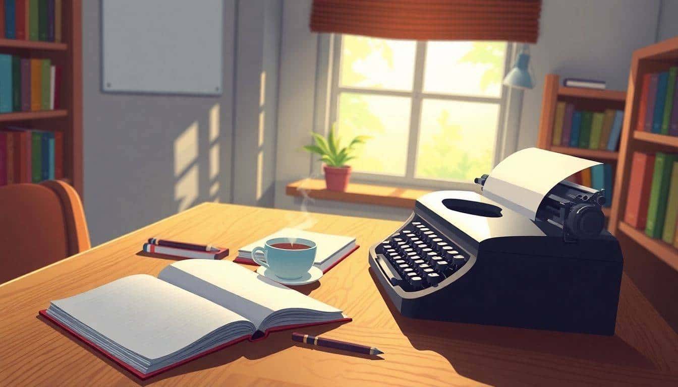 Cozy writing nook with a wooden desk featuring an open notebook, a steaming cup of tea, and a vintage typewriter, warm light from a window, a small potted plant, and a bookshelf with colorful books in the background.