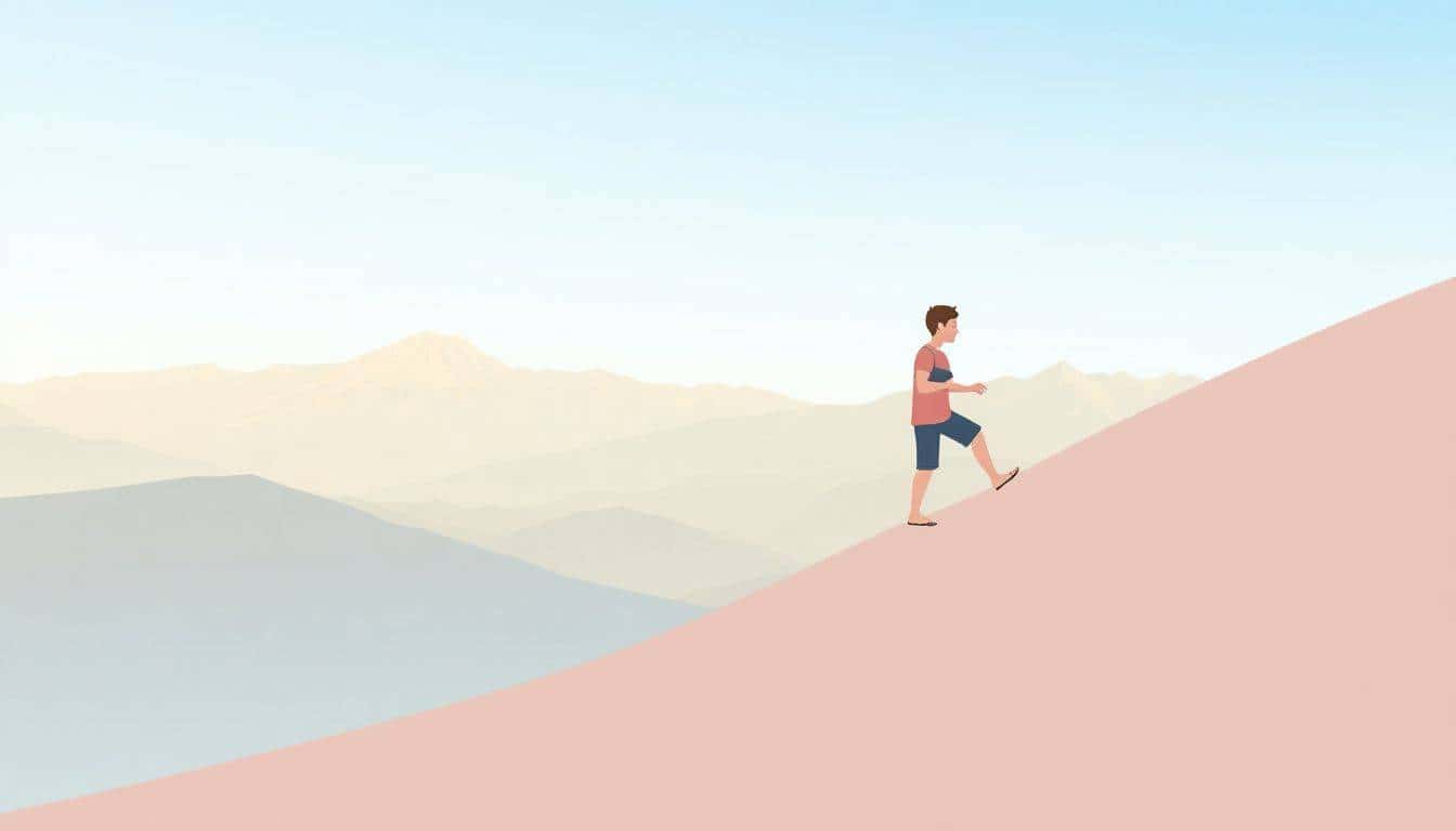 A solitary figure with a thoughtful expression climbs barefoot up a gentle slope in a serene mountain landscape, symbolizing the journey of writing a Code of Conduct, with softly lit mountains and a clear sky in the background.