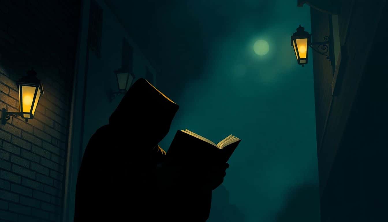 A shadowy figure reading a book under a dim streetlamp in a foggy alley, with warm light casting intriguing shadows and an aura of mystery.