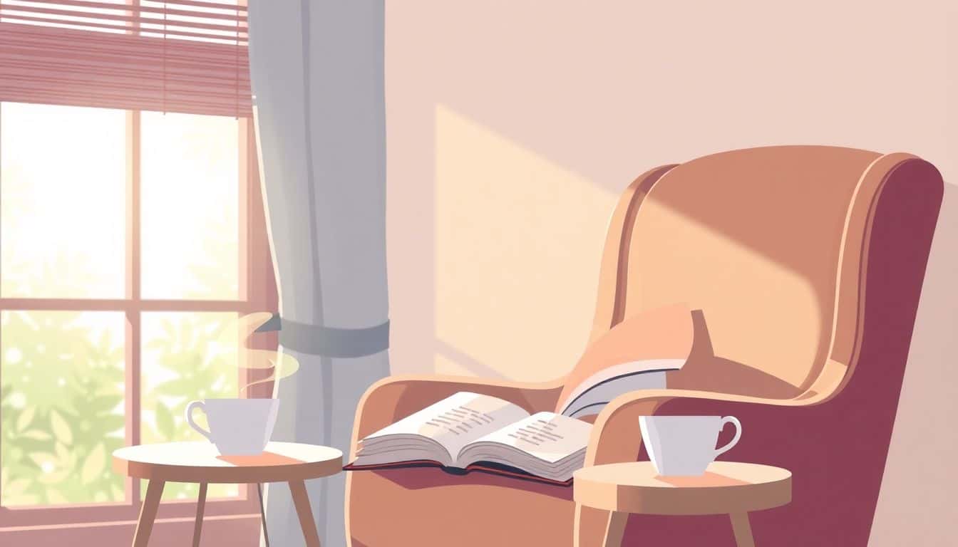 A cozy reading nook with a soft armchair, an open book with fluttering pages, and a steaming cup of tea on a side table, set against a blurred background of a sunlit window and greenery, in warm, inviting colors.