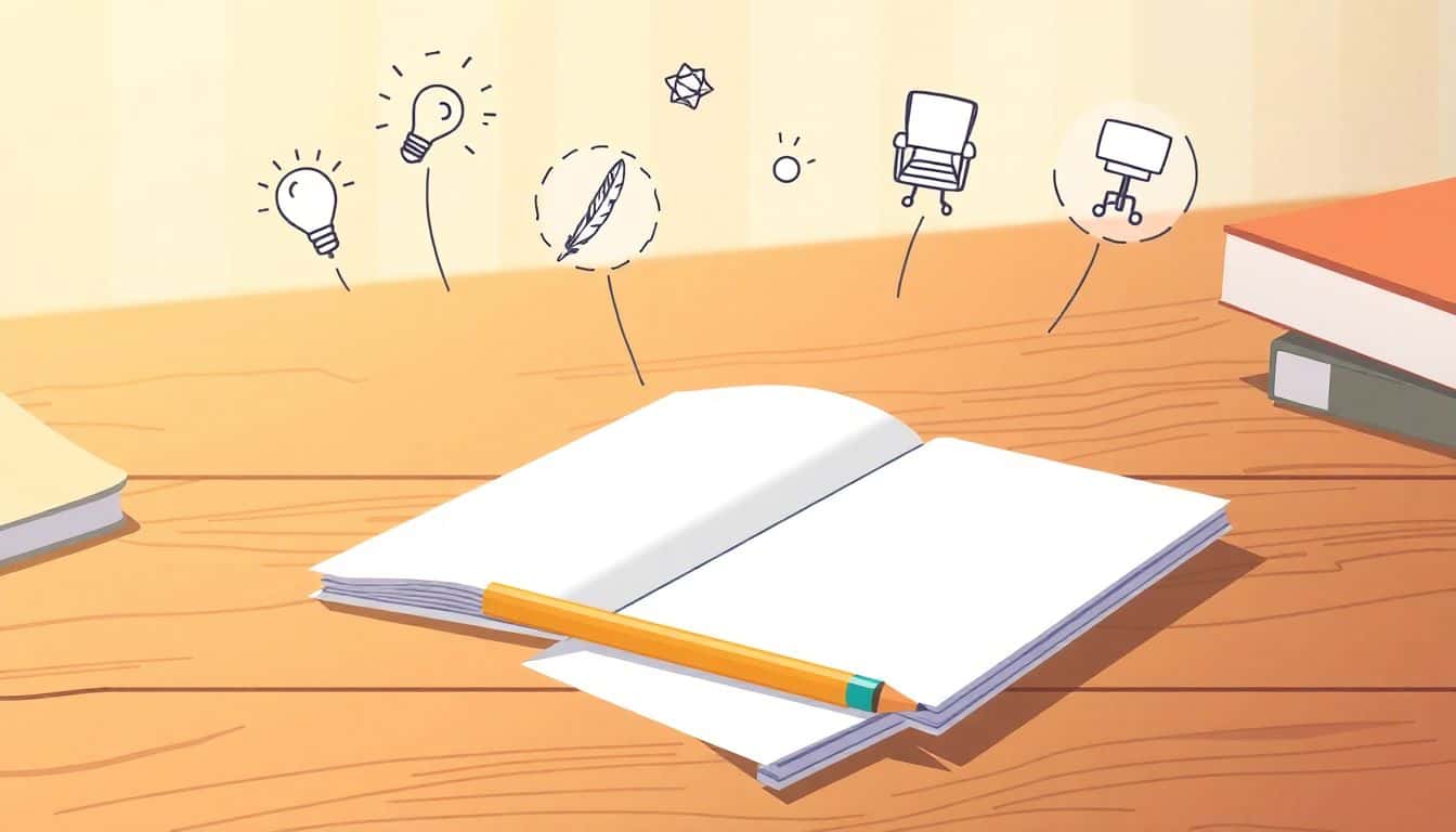 Illustration of an open notepad on a wooden desk with a pencil, surrounded by whimsical thought bubbles featuring icons like a lightbulb, feather pen, and editor's chair, in a warm and softly lit background.