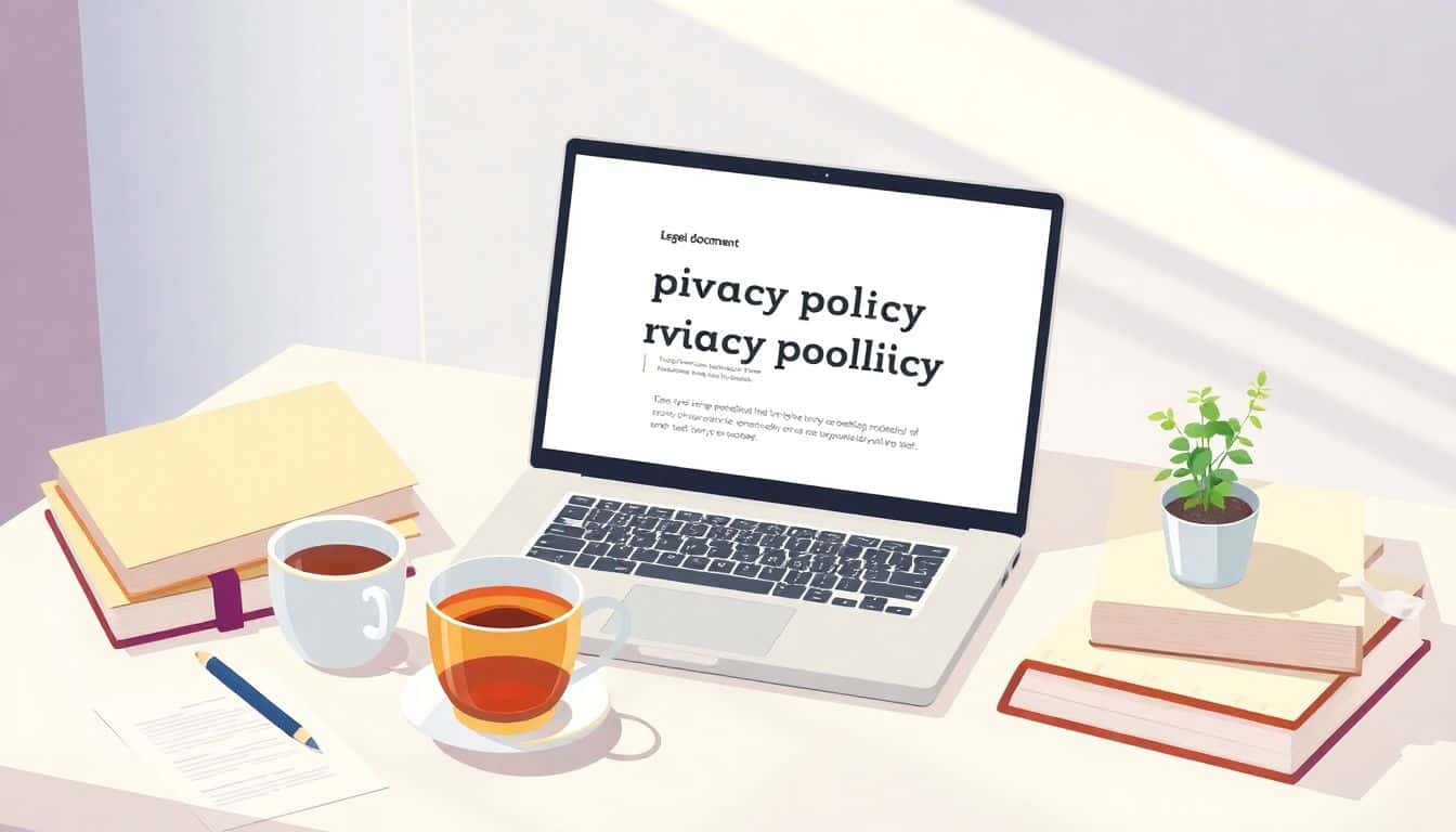 A serene desk setup featuring a laptop with a user-friendly interface for privacy policy creation, surrounded by minimalistic legal books, a cup of tea, and a small plant, all illuminated by soft natural light.