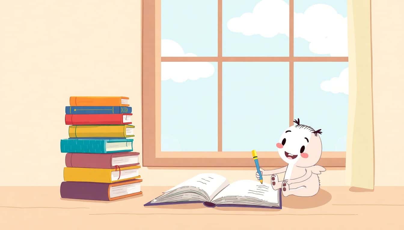 A cozy writing nook with a large window letting in sunlight, colorful children's books, an open notebook with a cute pencil, and a playful cartoon character resembling a friendly storyteller writing, with gentle clouds visible outside.