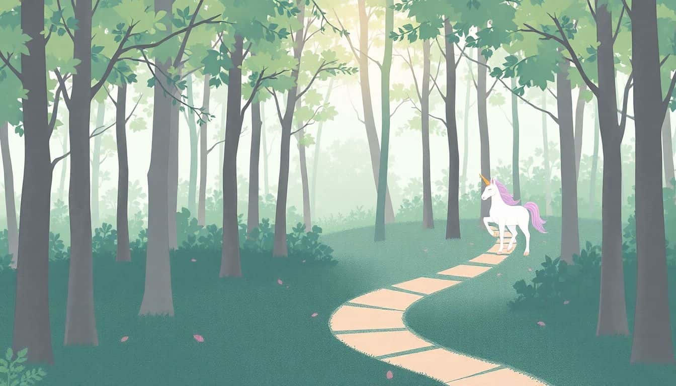 Illustration of a serene forest with a winding path, soft colors, and a hidden unicorn blending into the background.