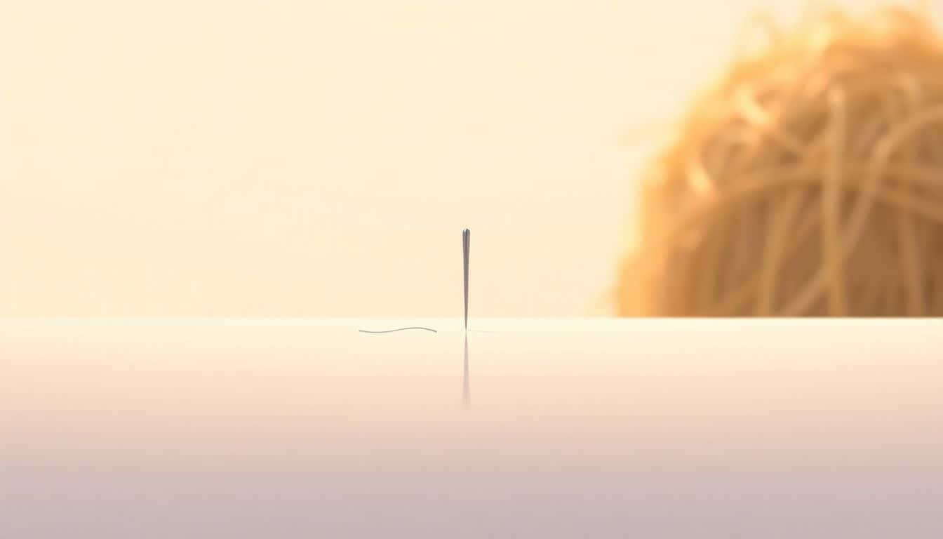 A delicate needle on a smooth, light surface with a softly blurred haystack in the background, evoking the search for talent in a serene, minimalistic style.