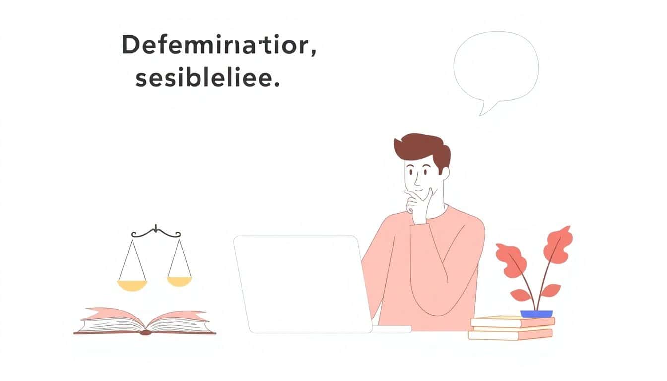 Illustration of a thoughtful person sitting at a desk with a laptop, surrounded by a scale of justice, an open book, and a speech bubble, with a soft-colored calming background.