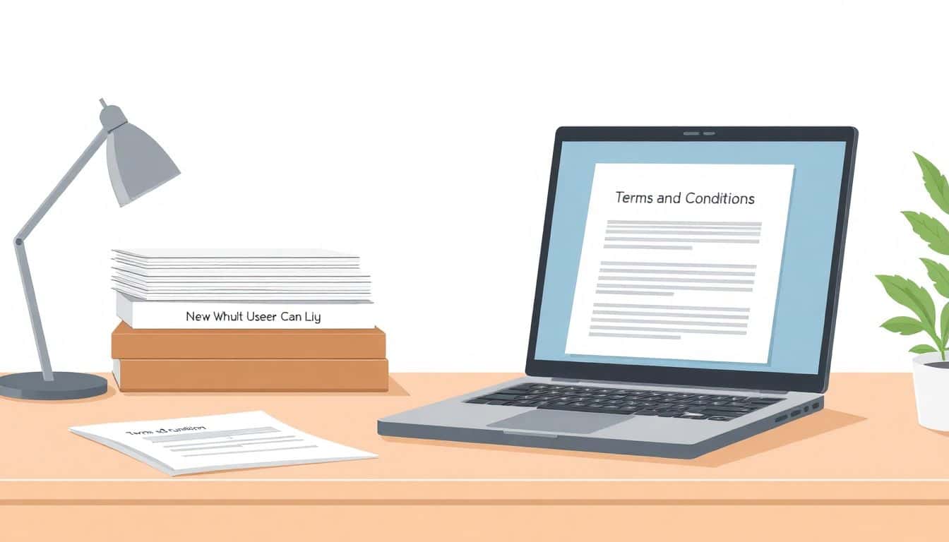 Illustration of a minimalist workspace with a neatly arranged desk, a stack of papers labeled 'Terms and Conditions,' an open laptop displaying a simple document, soft pastel colors, and subtle greenery in the background.