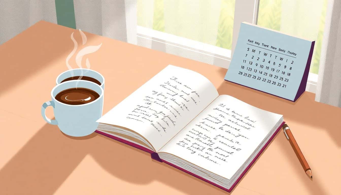 A cozy workspace with a desk, a steaming cup of coffee, an open notebook with handwritten notes, and a calendar page highlighting a 30-day challenge, all bathed in soft natural light.