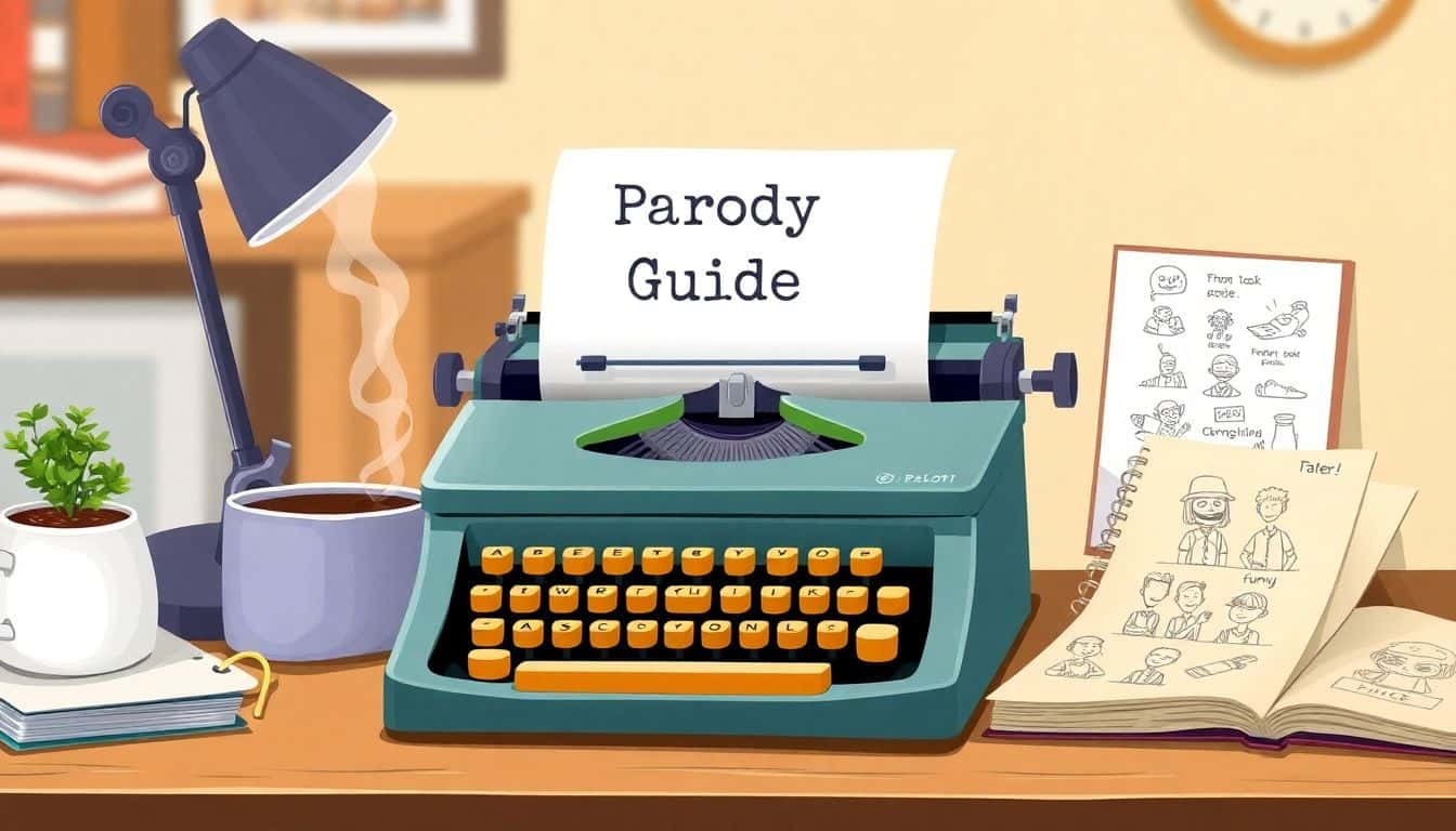 Whimsical desk scene featuring a vintage typewriter with a sheet titled 'Parody Guide', a steaming cup of coffee, a small potted plant, and an open notebook with sketches of funny characters and ideas, with a softly blurred background.