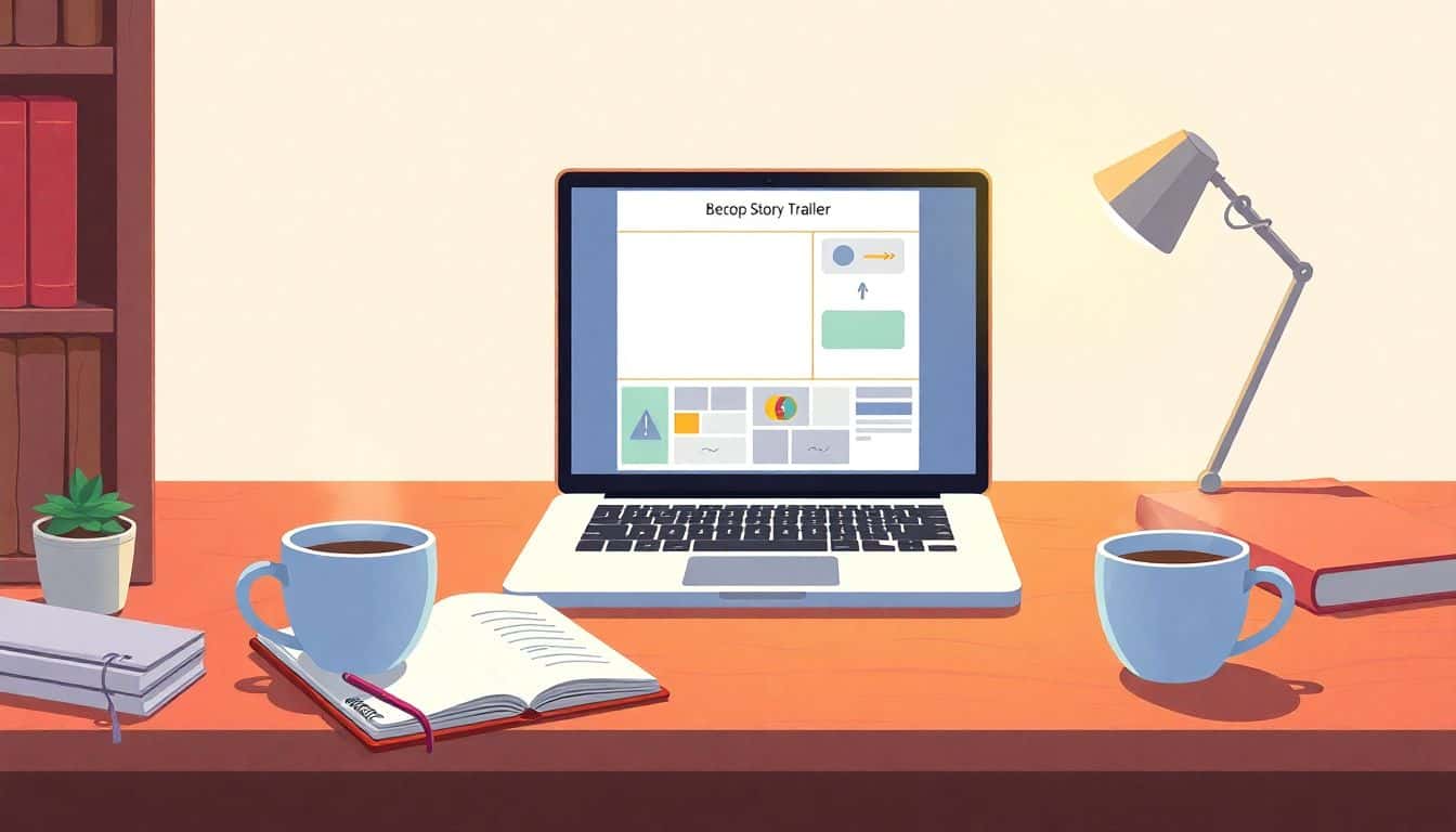 Cozy workspace with a desk holding a laptop displaying a colorful storyboard, a notebook, and a steaming cup of coffee, all illuminated by soft light.