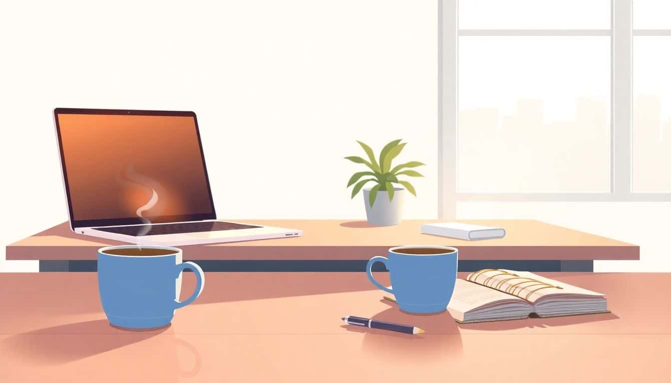 A tranquil workspace with a simple desk featuring a laptop, a steaming coffee mug, and a notebook with a pen, illuminated by soft light; a potted plant and a serene outdoor view are visible through a window in the background.