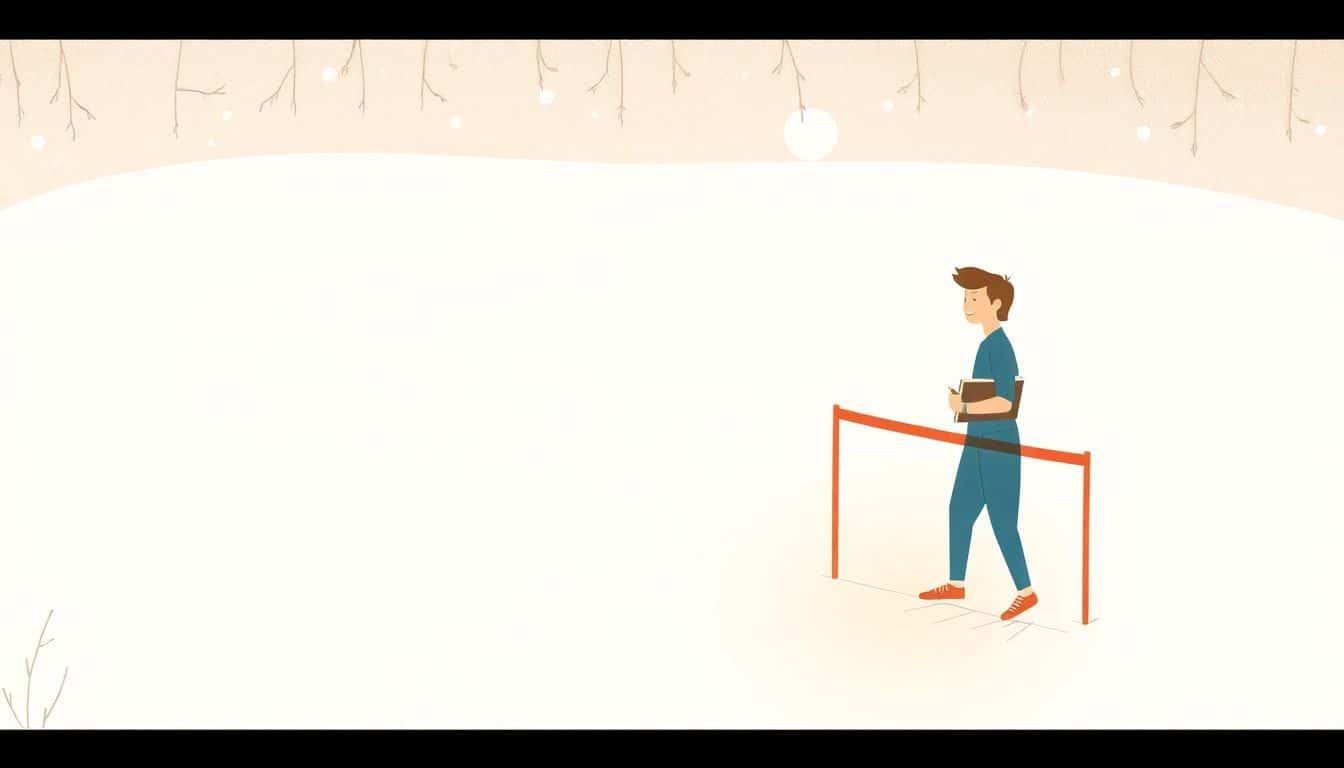 An author navigates a winding obstacle course filled with gentle hurdles, moving toward a glowing journal at the finish line, depicted in a serene, minimalistic style with soft colors.