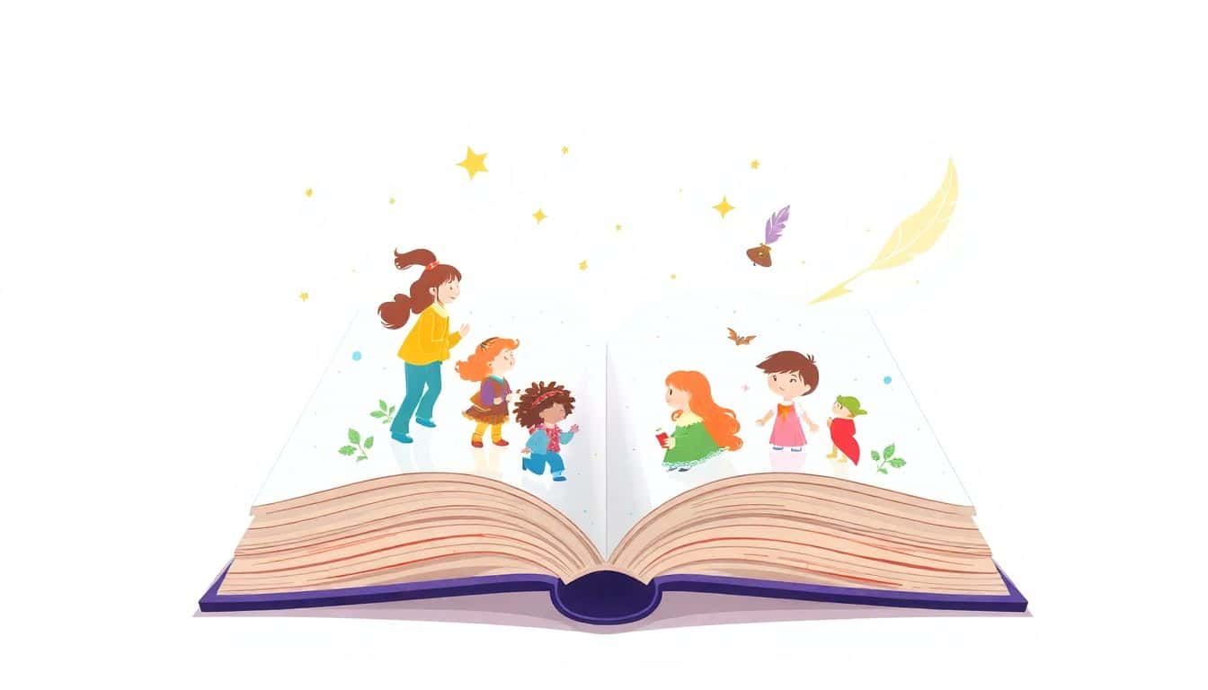 Open book with colorful illustrations of middle-grade characters, surrounded by a magical quill, star-shaped sparkles, and a glowing light, set against a soft, dreamy background.