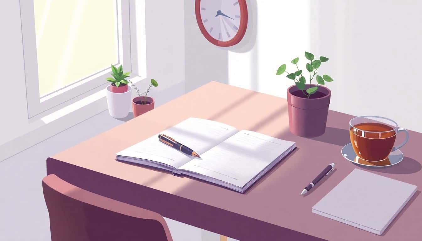 Illustration of a serene writing environment featuring a neatly organized desk with an open notebook, a sleek pen, soft natural light from a window, potted plants, and a cup of tea.