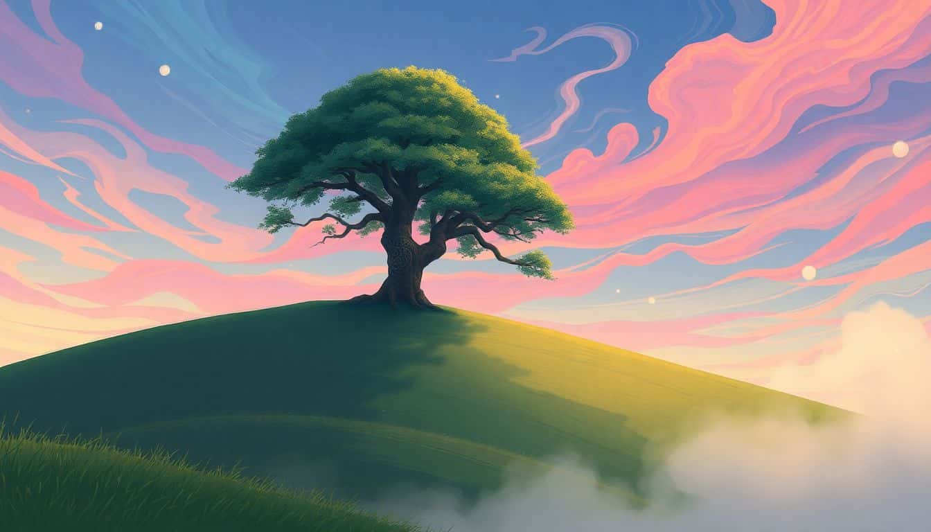 A picturesque landscape with a rolling hill and a solitary ancient tree adorned with intricate carvings, beneath a vibrant sky of swirling clouds. Subtle glowing orbs and shimmering pathways hint at a magical presence in the serene environment.