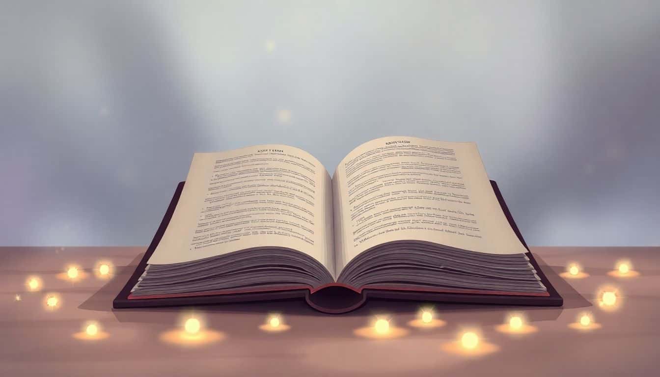 Open spellbook with glowing pages surrounded by sparkling magical orbs in a soft, blurred ethereal setting with hints of constellations and abstract color swirls.