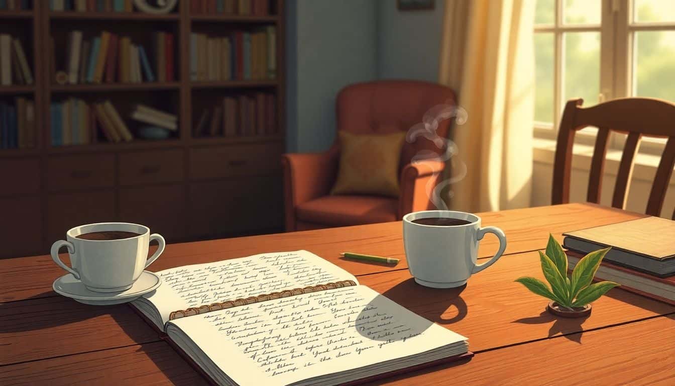 An author sits at a cozy, well-worn desk, editing a manuscript surrounded by warm lighting, a steaming cup of coffee, an open notebook filled with handwritten notes, a bookshelf in the background, and a comfortable chair, all conveying a sense of creativity and reflection.