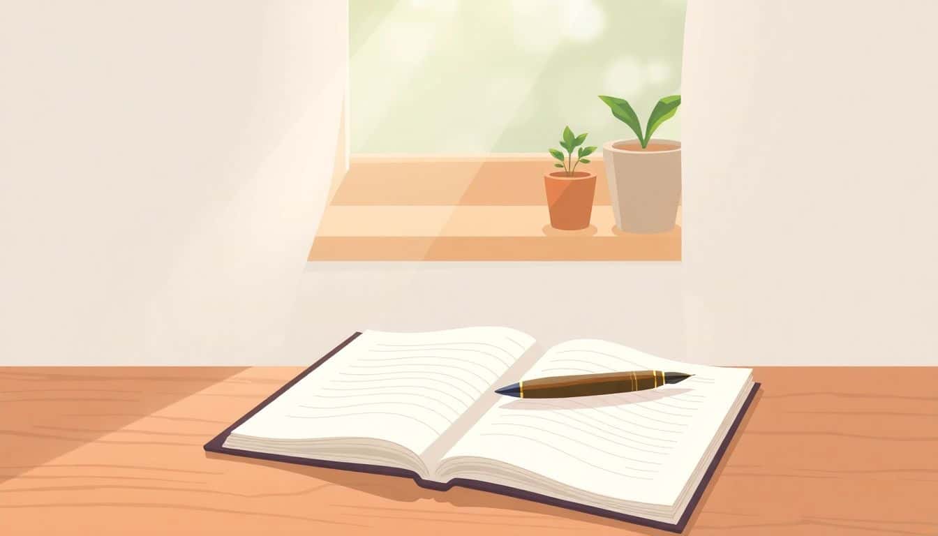 Cozy writing space with a wooden desk, an open notebook, a vintage fountain pen, and a potted plant, illuminated by soft sunlight.