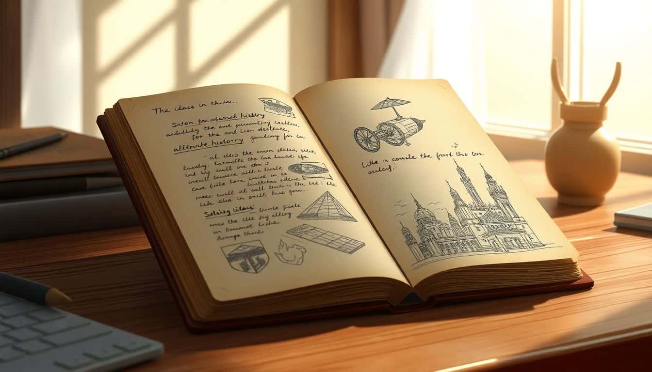 Open vintage notebook on a wooden desk filled with handwritten notes and sketches of alternate history scenarios, such as a steam-powered vehicle and a futuristic cityscape, with classic historical symbols. Soft natural lighting filtering through a window creates gentle shadows.