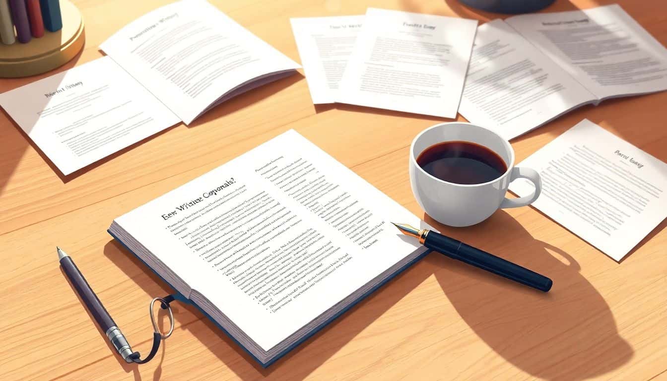 Open notebook with a persuasive essay draft, classic fountain pen, steaming cup of coffee, and scattered pages with writing tips, all illuminated by soft natural light.