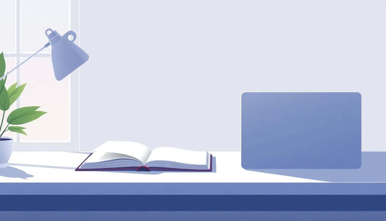 Illustration of a minimalistic workspace featuring a sleek laptop, an open notebook, pens, natural light from a window, and a plant in the corner.