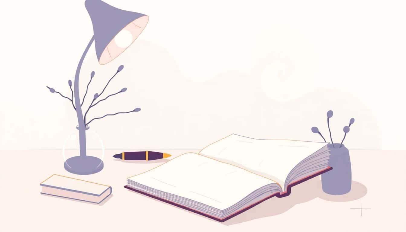 Illustration of a cozy, minimalist writing desk with an open notebook and a vintage fountain pen, surrounded by soft colors and abstract shapes symbolizing creativity and inspiration.