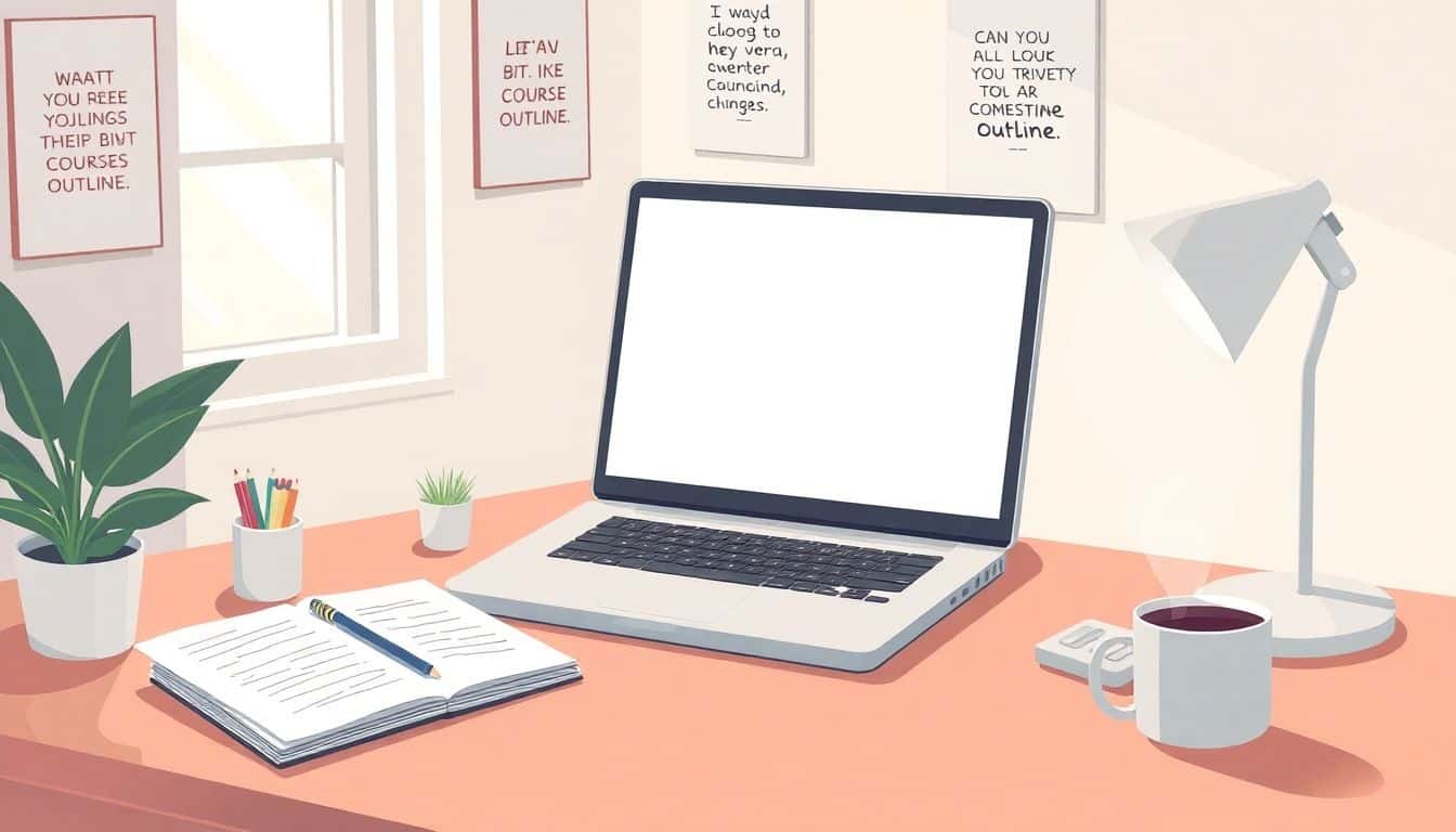 A neatly organized desk with an open laptop on a blank page, a notepad filled with ideas, a steaming cup of coffee, and motivational quote posters on the wall, all bathed in warm light from a nearby window.