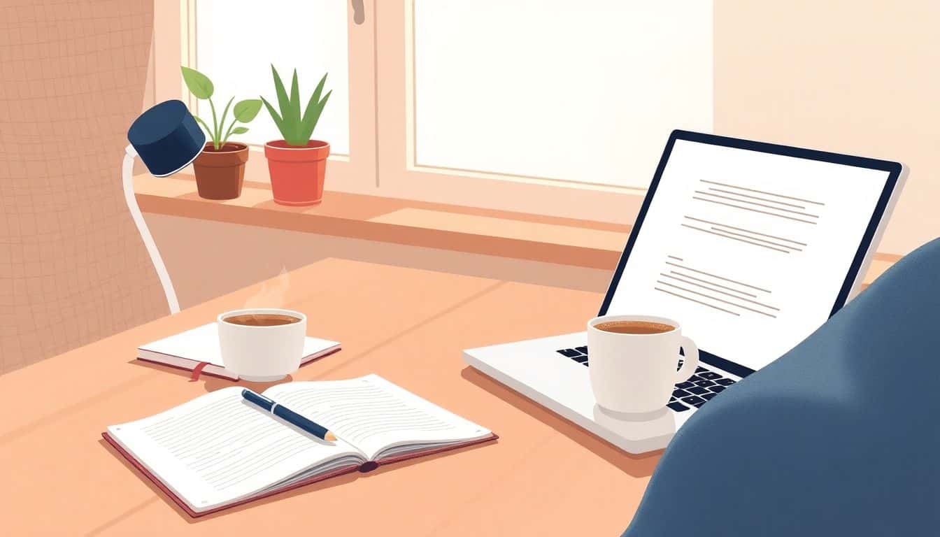 Cozy podcasting scene with a writing desk, open laptop on a blank document, steaming cup of coffee, plants on the windowsill, notebook, and pen, all bathed in soft natural light.