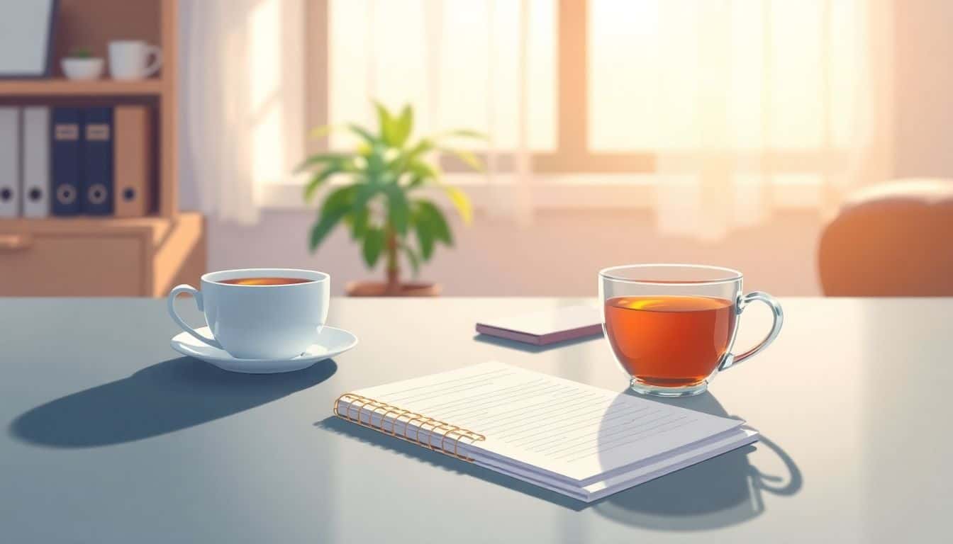 A serene office scene featuring an elegant desk with a notepad and a warm cup of tea, soft light streaming through a window, and a plant in the background, conveying a calm and inviting atmosphere.