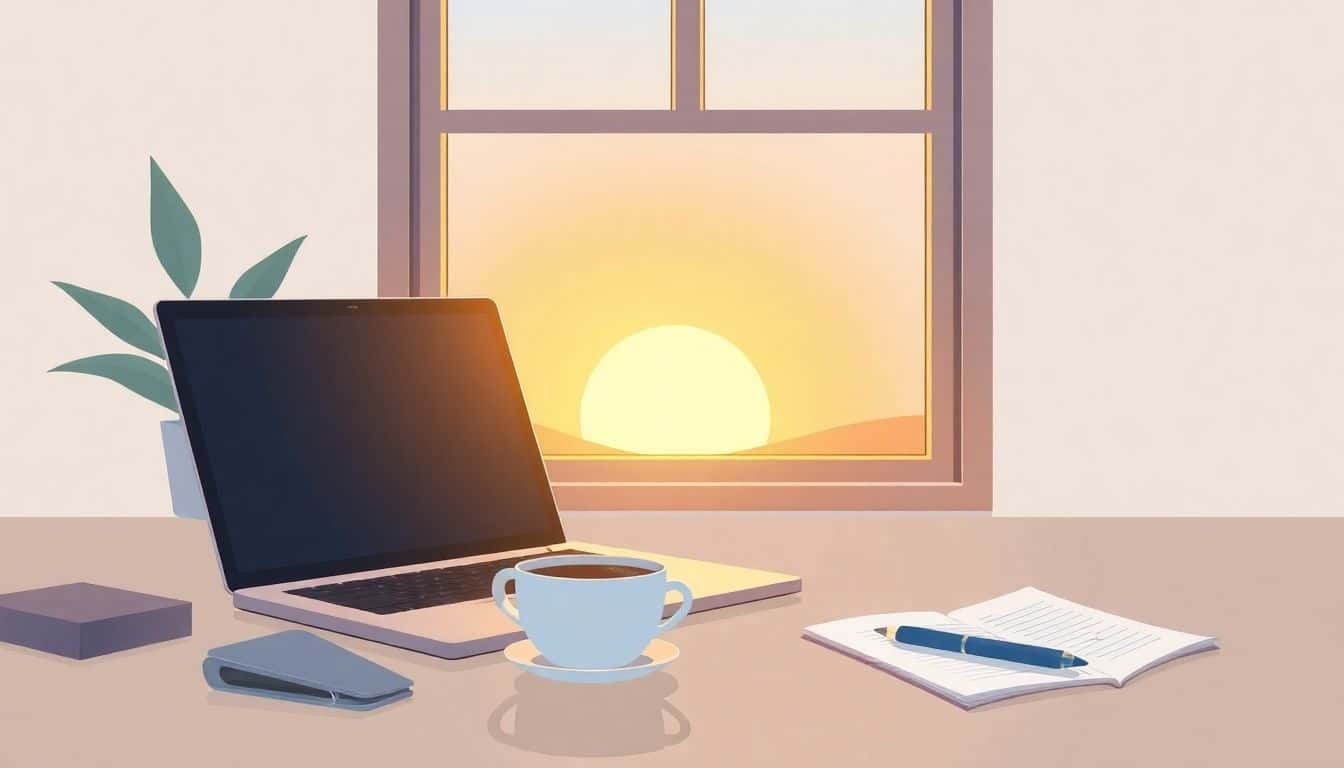 A serene writing workspace featuring a neatly organized desk with an open laptop, a steaming cup of coffee, and a notepad with a pen. A window in the background shows a gentle sunrise, filling the room with warm, soft light.